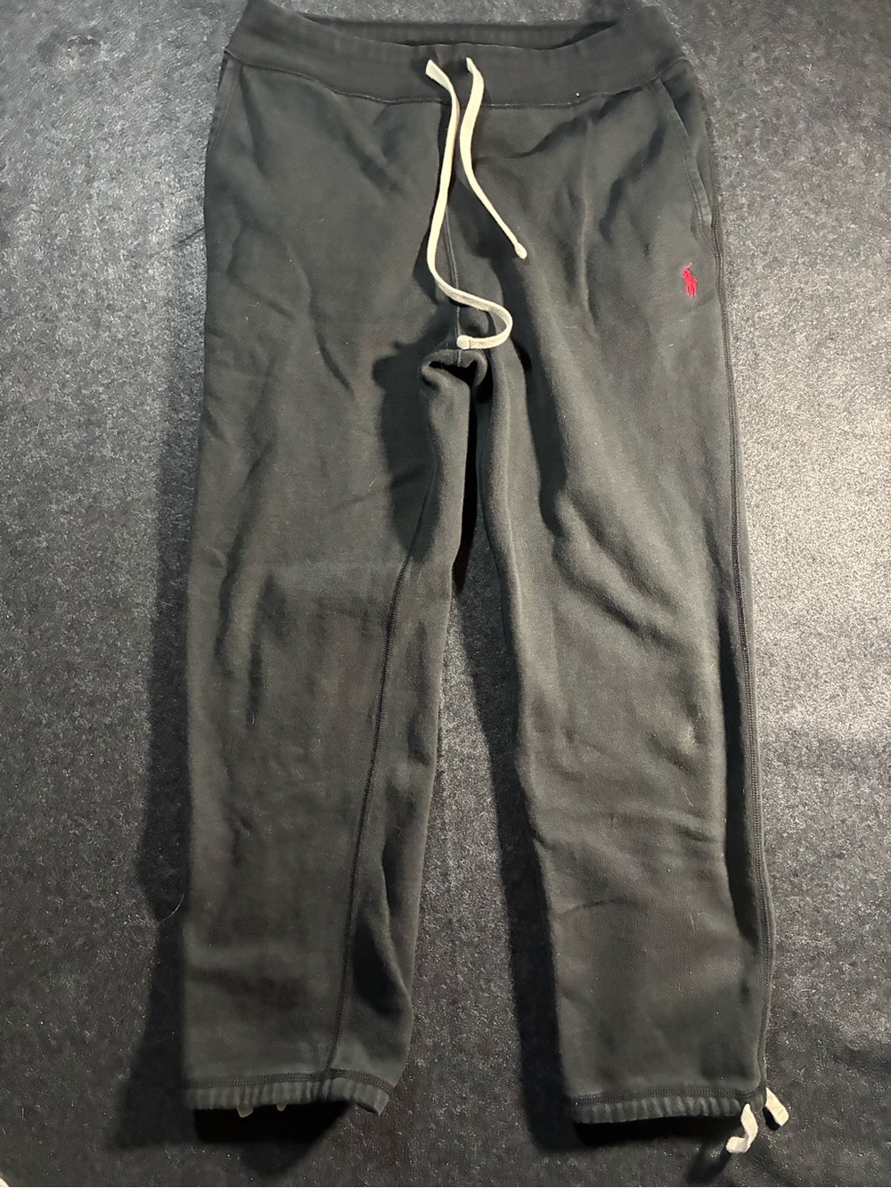 Ralph Lauren Black Sweatpants with White Drawstring and Red Pony